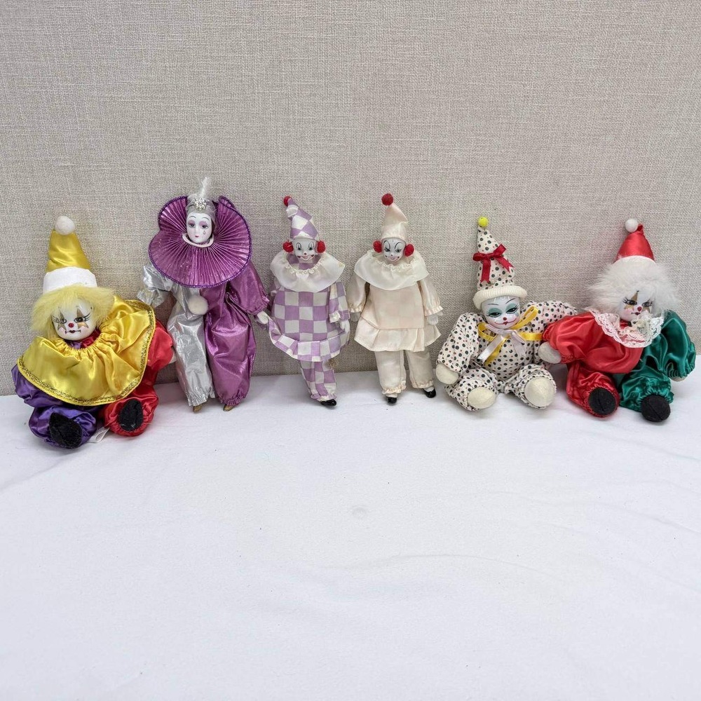 Vintage Porcelain Clown Doll Lot of 6 Pierrot Harlequin Jester Hand Painted 6-9"